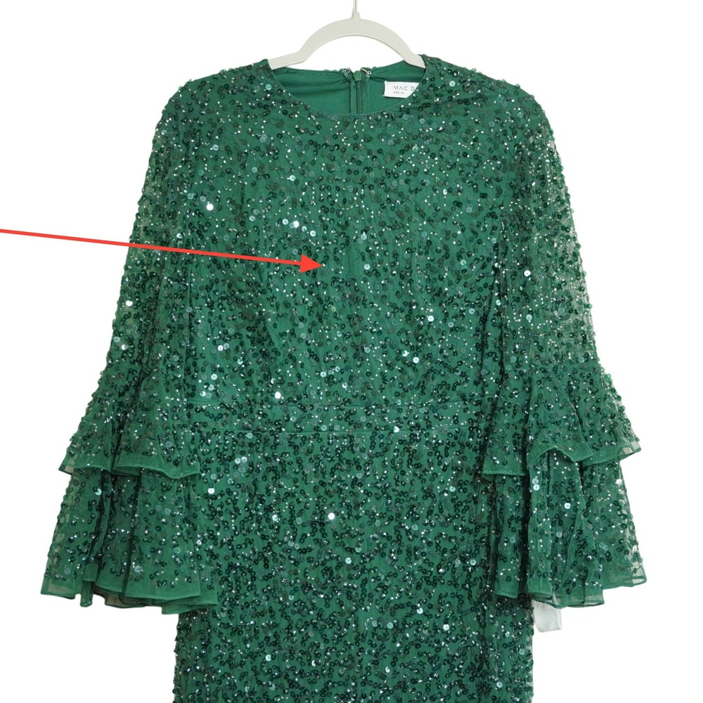 Mac Duggal Emerald Green Sequin Tiered Ruffle Bell Sleeve Midi Dress Size 10 NEW - Picture 4 of 11